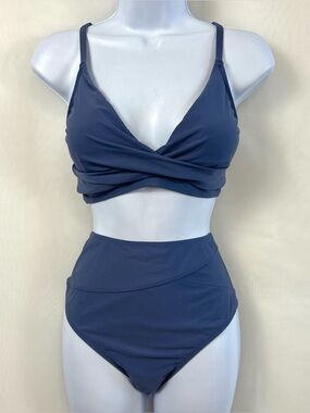 New Cupshe Women’s Slate Blue Cross Wrap Top Bikini Swimsuit Set / large